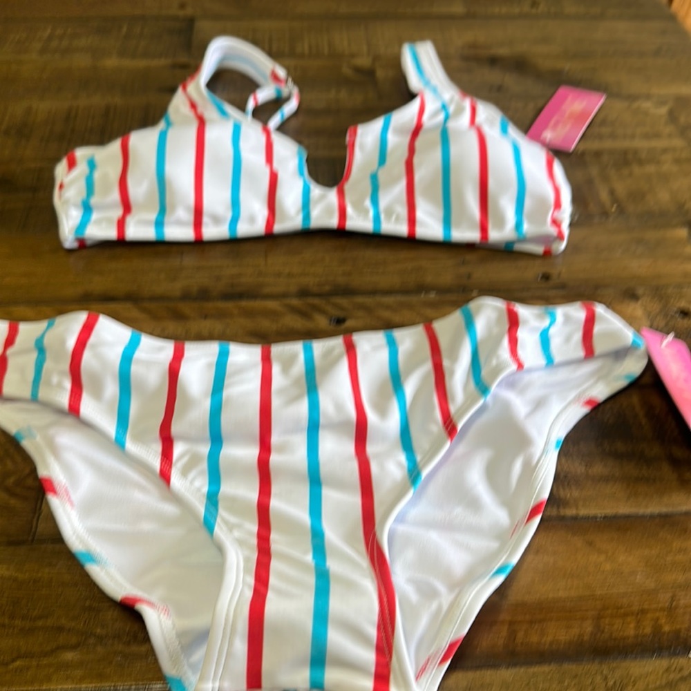 NINETY-NINE DEGREES JUNIORS STRIPED BIKINI: WHITE: NEW WITH TAGS: SIZE M (7/9)